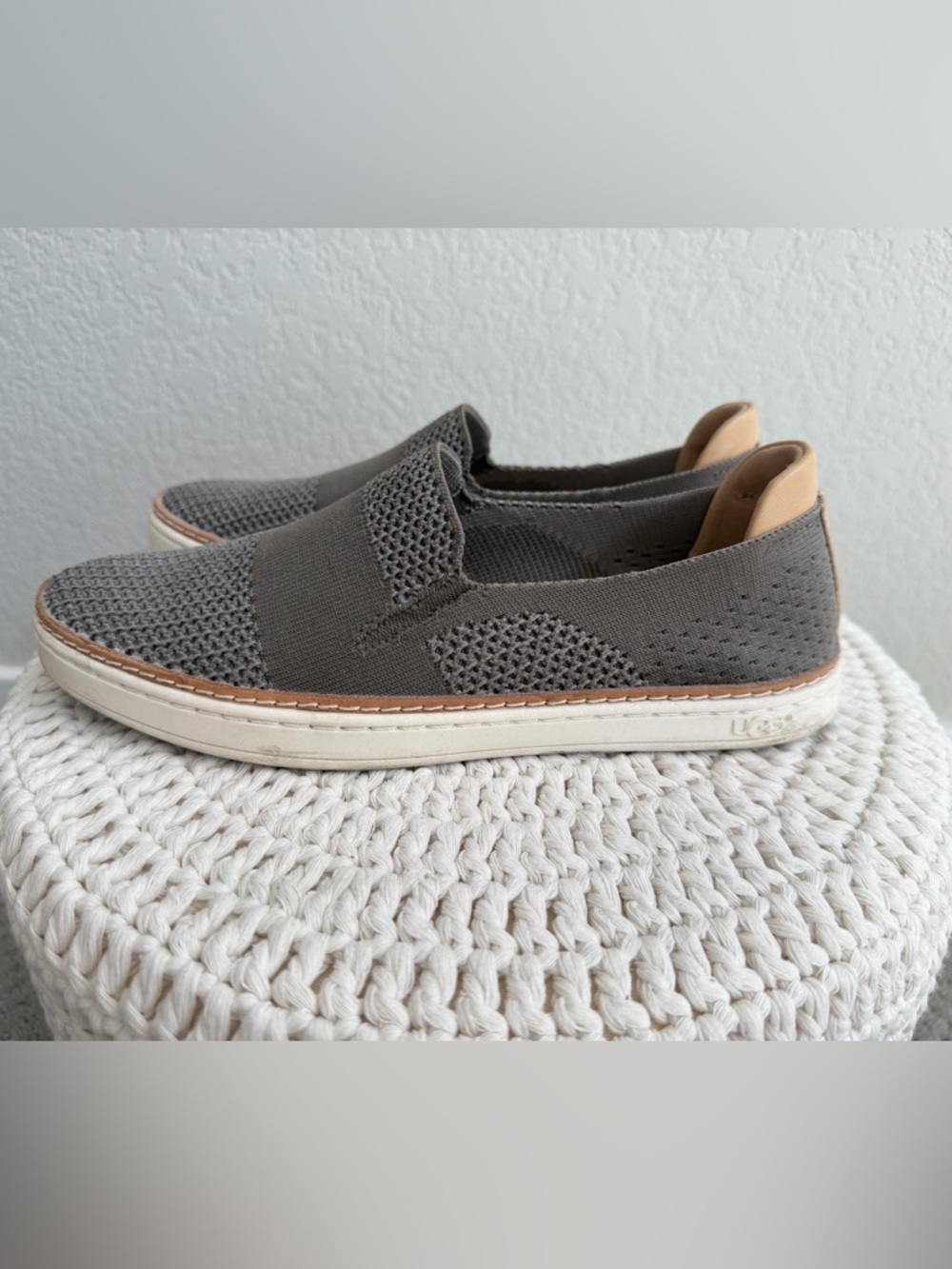 UGG Gray Knit Slip-On Sneakers with Tan Heel Tab
